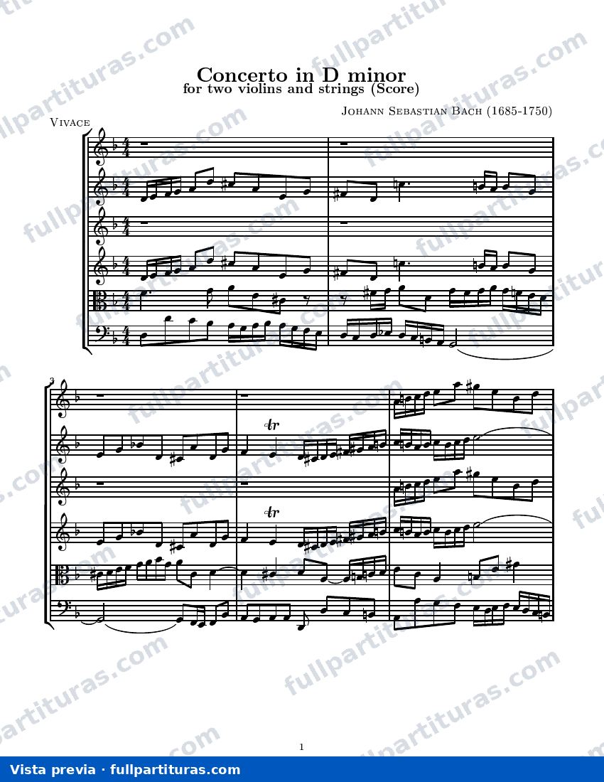 Concierto en Re menor para dos Volines y Cuerdas BWV 1043: Partitura completa — preview