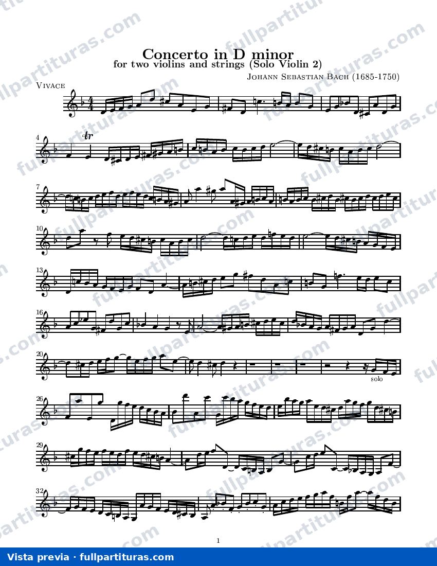 Concierto en Re menor para dos Volines y Cuerdas BWV 1043: Violín Solista 2º — preview