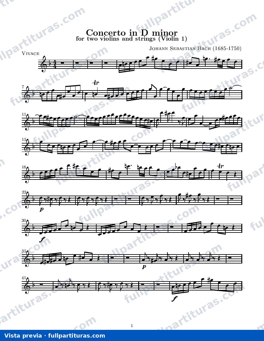 Concierto en Re menor para dos Volines y Cuerdas BWV 1043: Violín 1º — preview