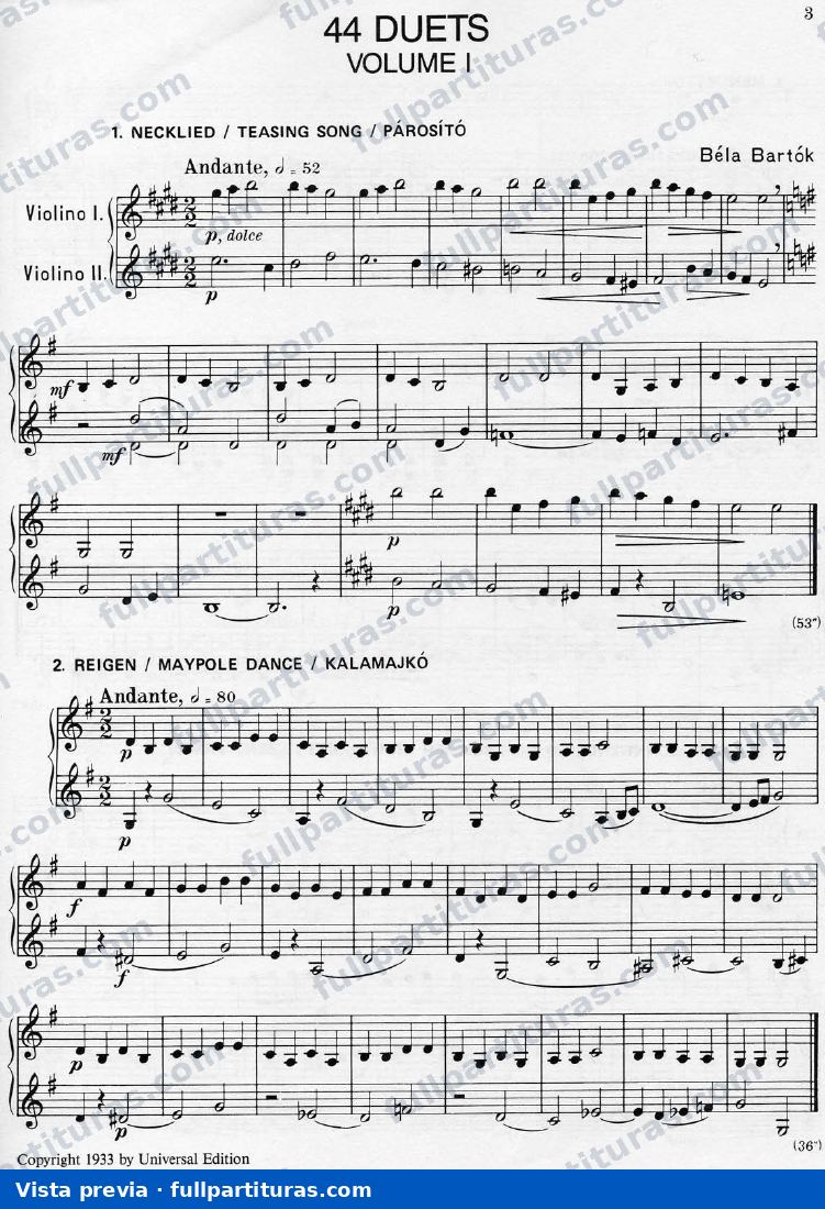 44 Duos for 2 Violins, Sz.98 — preview