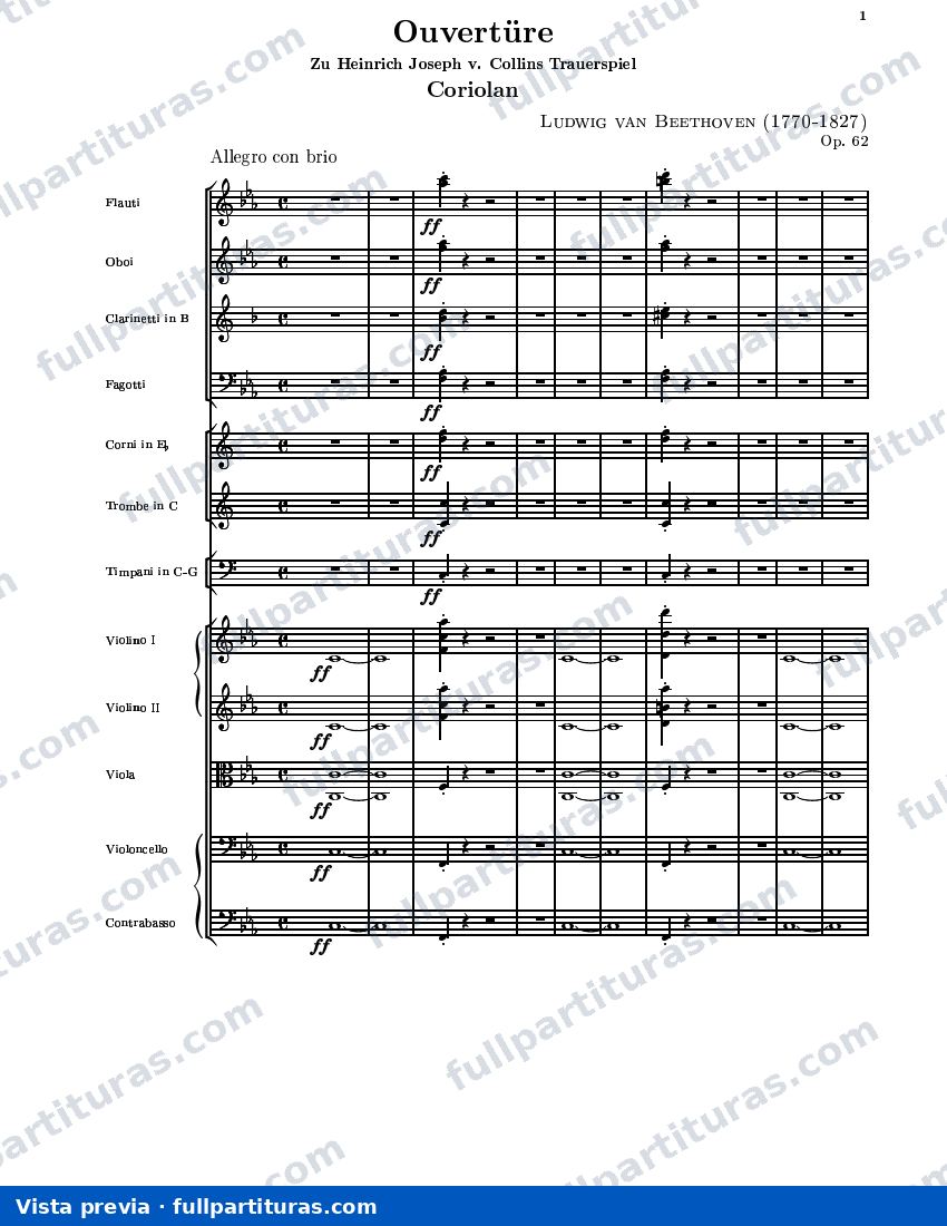 Coriolano: Coriolanus Op. 62 Partitura Orquesta — preview