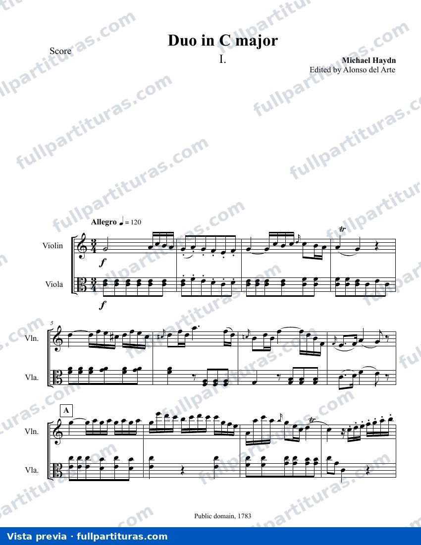 Sonata for Violin and Viola in C major, MH 335 — preview