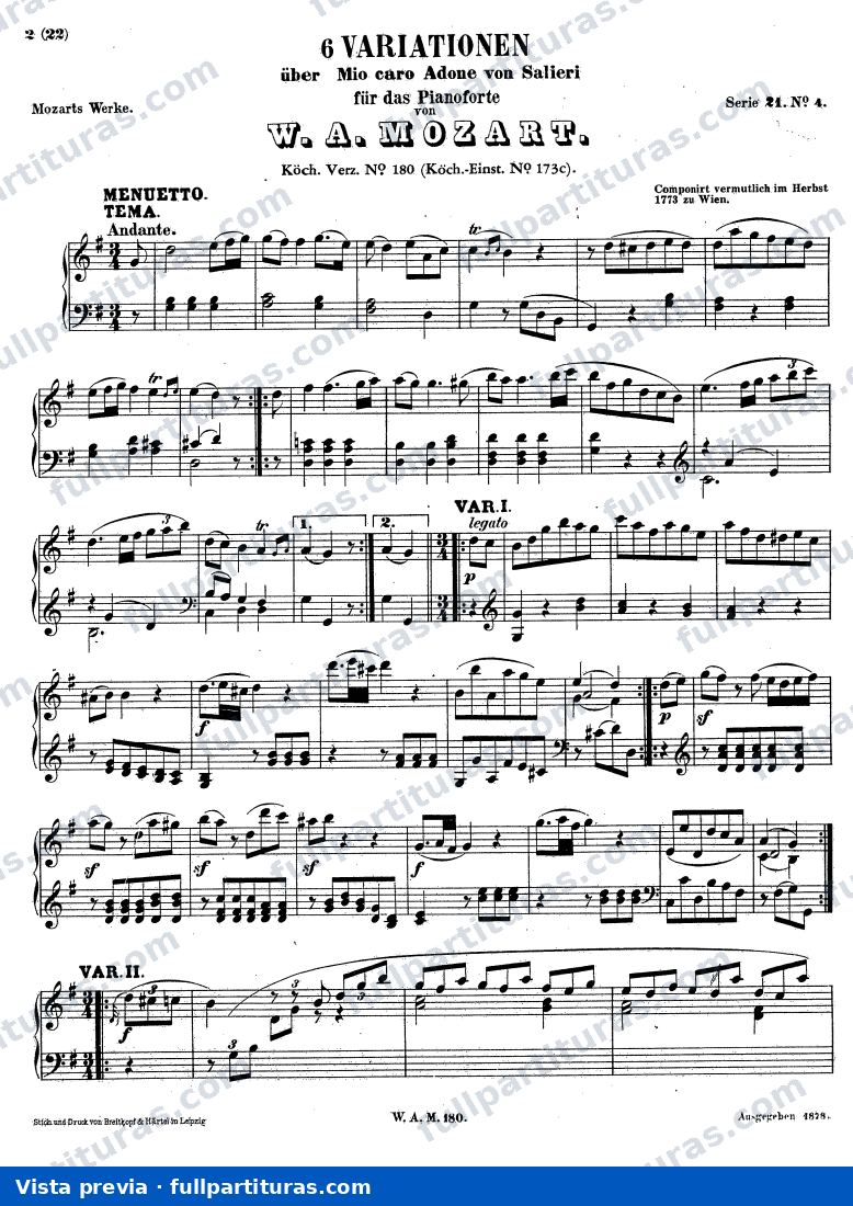 6 Variations on "Mio caro adone", K.180 — preview