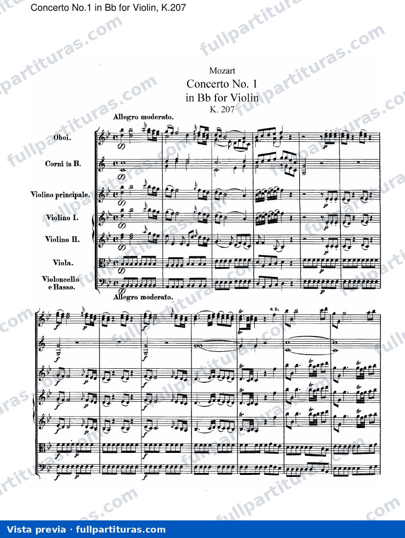 Para instrumentos de cuerdas: Concierto No.1 en Bb para Violín, Kv.207 — preview