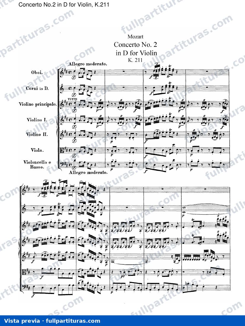Para instrumentos de cuerdas: Concierto No.2 en D para Violín, Kv.211 — preview
