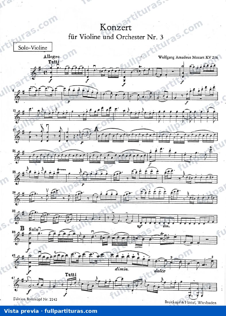 Para instrumentos de cuerdas: Cadenza del Concierto Nº 3 K216 — preview