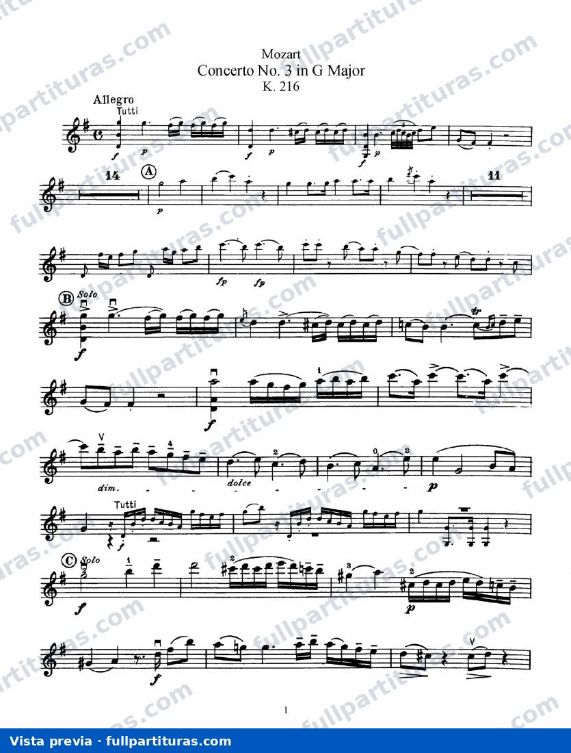 Para instrumentos de cuerdas: Parte del violín del Concierto Nº3 K216 — preview