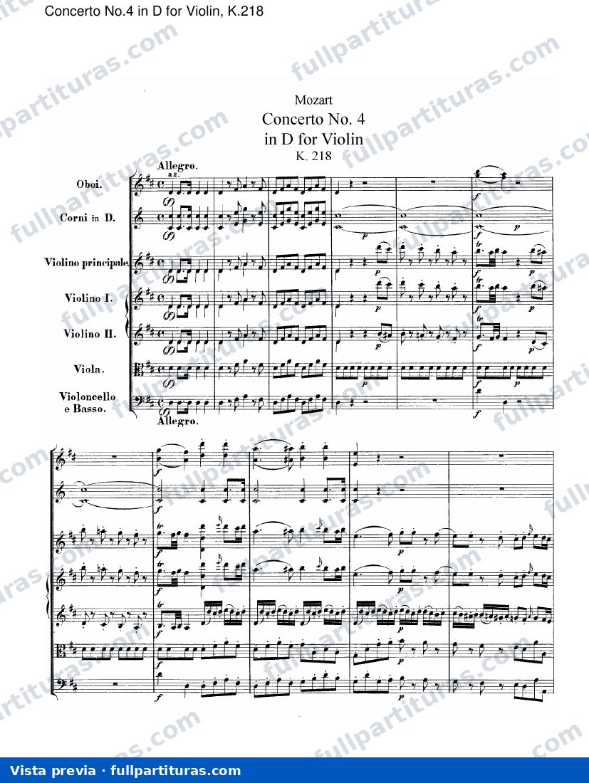Para instrumentos de cuerdas: Concierto No.4 en D para Violín, Kv.218 — preview