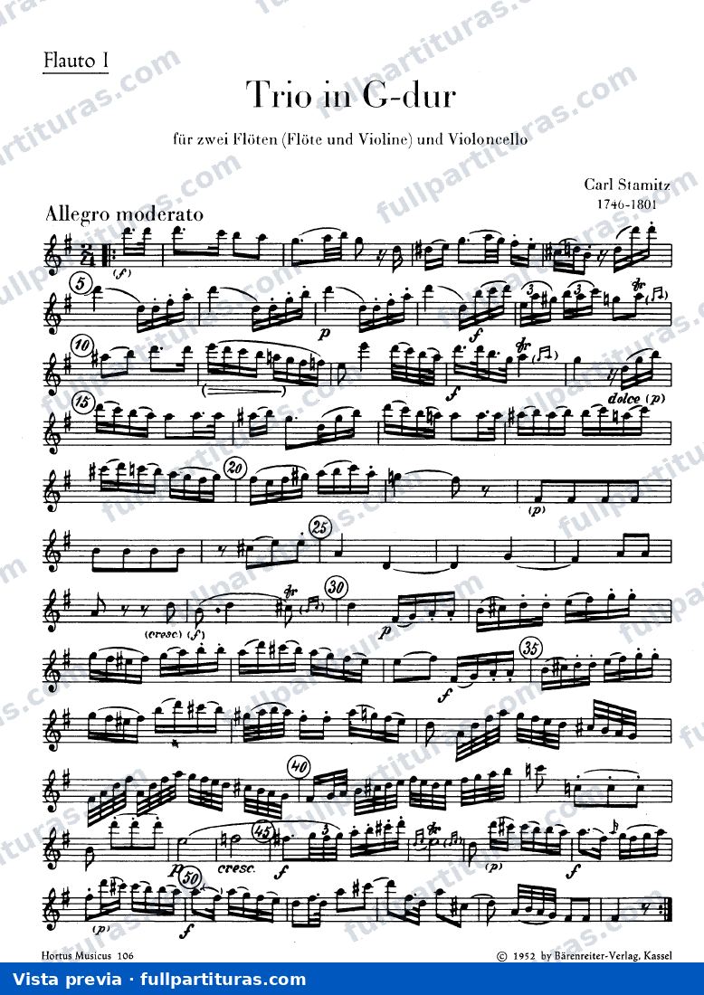 Trio in G major for 2 Flutes and Cello: flauta 1 — preview