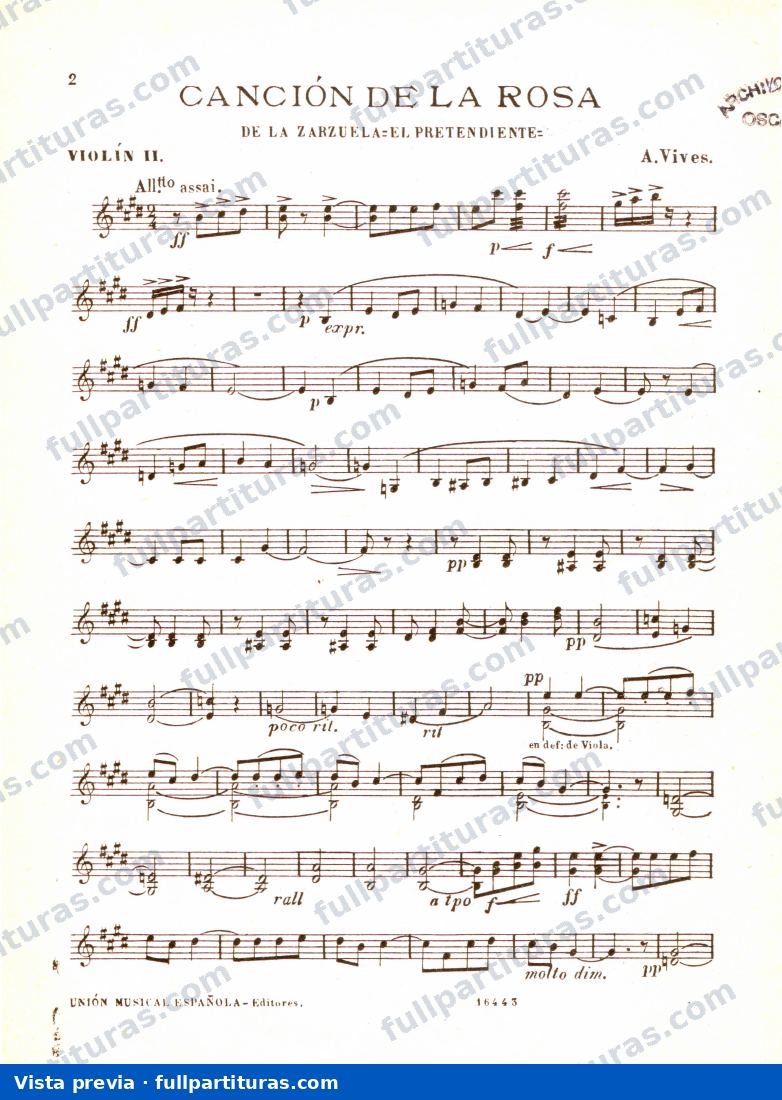Vives, Amadeo: Parte del violín 2 — preview