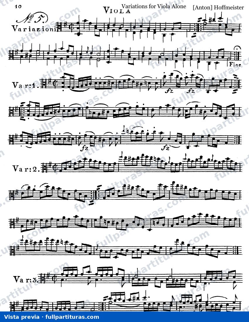 Hoffmeister, Franz Anton: Variaciones Nº 5 para Viola solista — preview