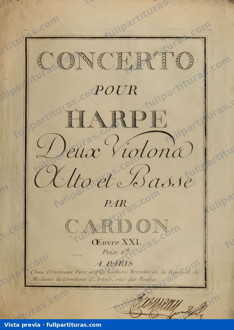 Concerto pour harpe, deux violons, alto et basse, Op. XXI — anteprima