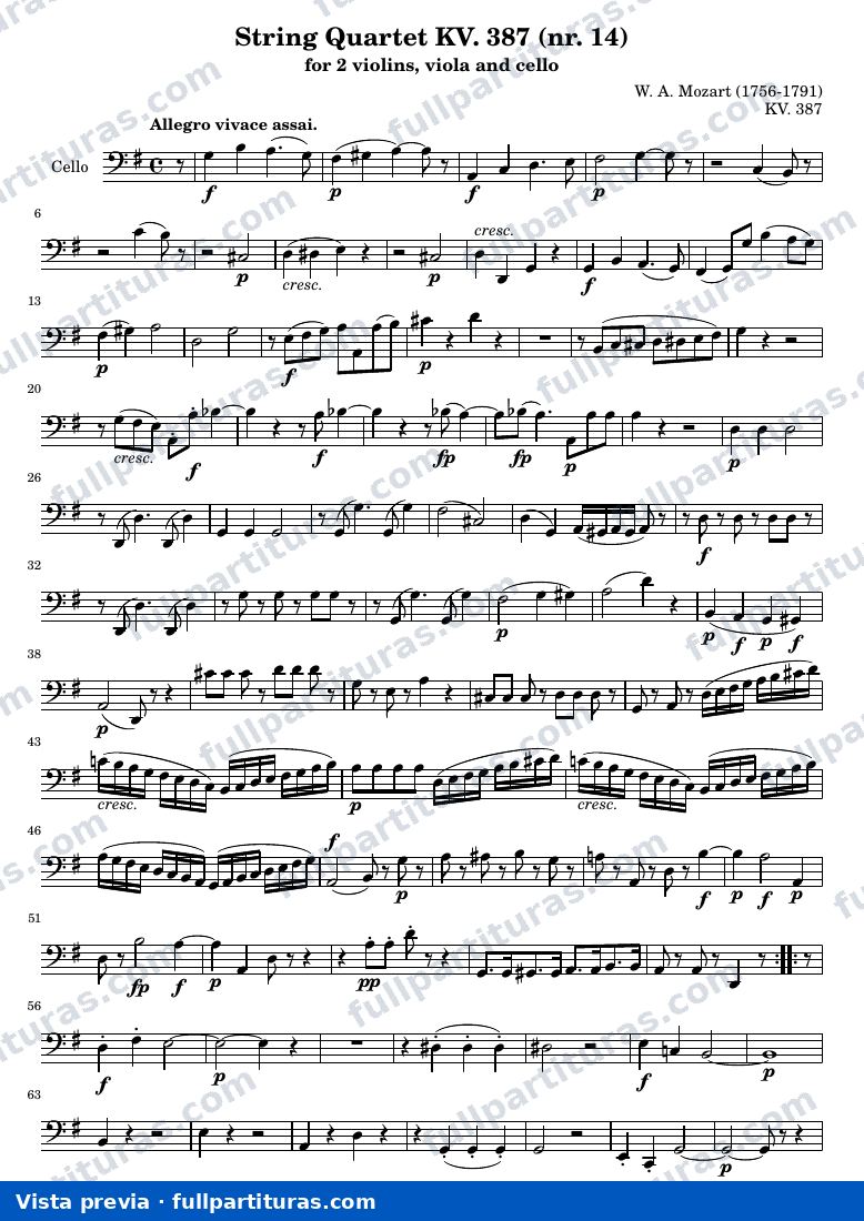 String Quartet KV. 387 (nr. 14) — K387 cello — vista previa