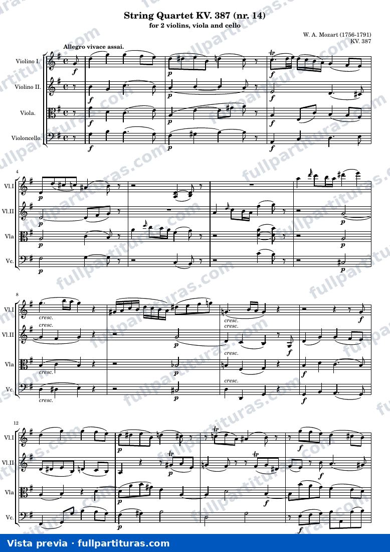 String Quartet KV. 387 (nr. 14) — K387 score — vista previa
