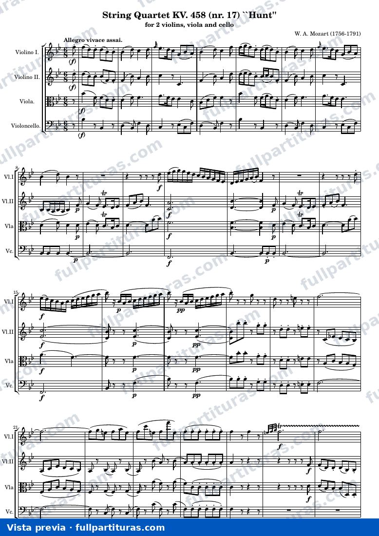 String Quartet KV. 458 (nr. 17) "Hunt" — K458 score — vista previa