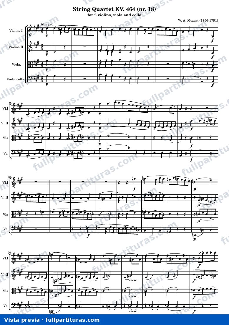 String Quartet KV. 464 (nr. 18) — K464 score — vista previa