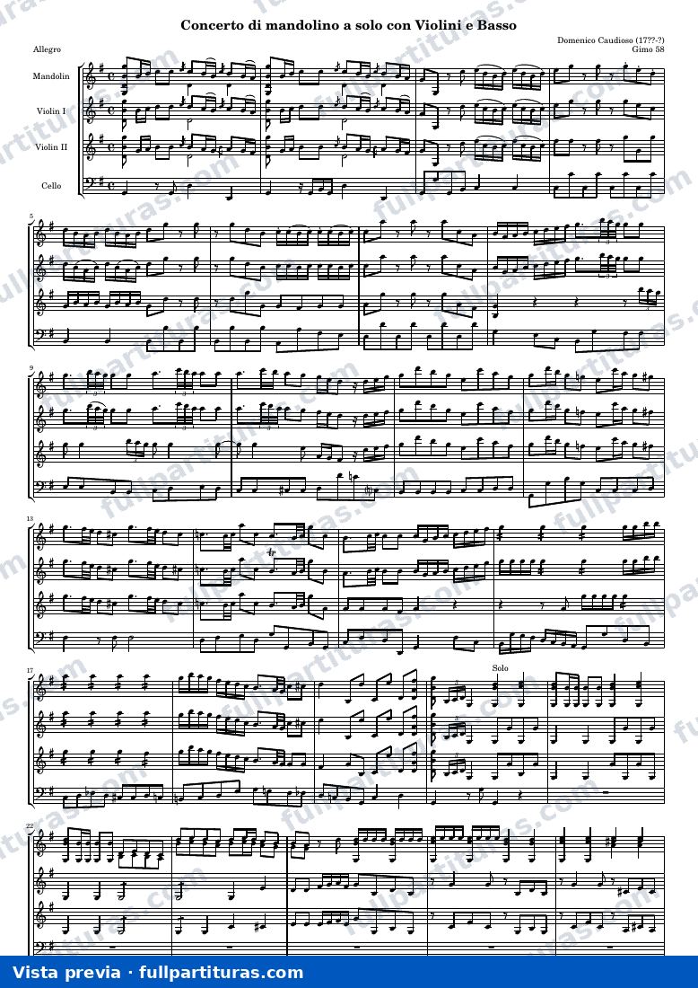 Concerto di mandolino a solo con Violini e Basso (Gimo 58) — Score — vista previa