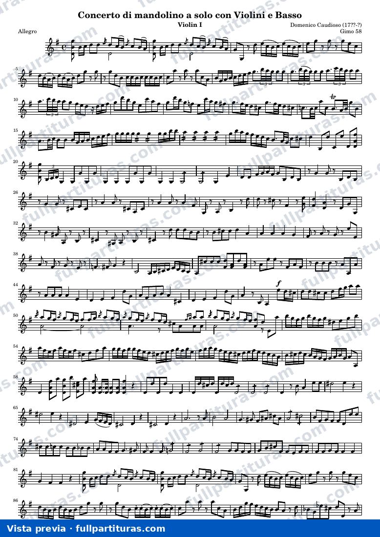 Concerto di mandolino a solo con Violini e Basso (Gimo 58) — Vln1 — vista previa