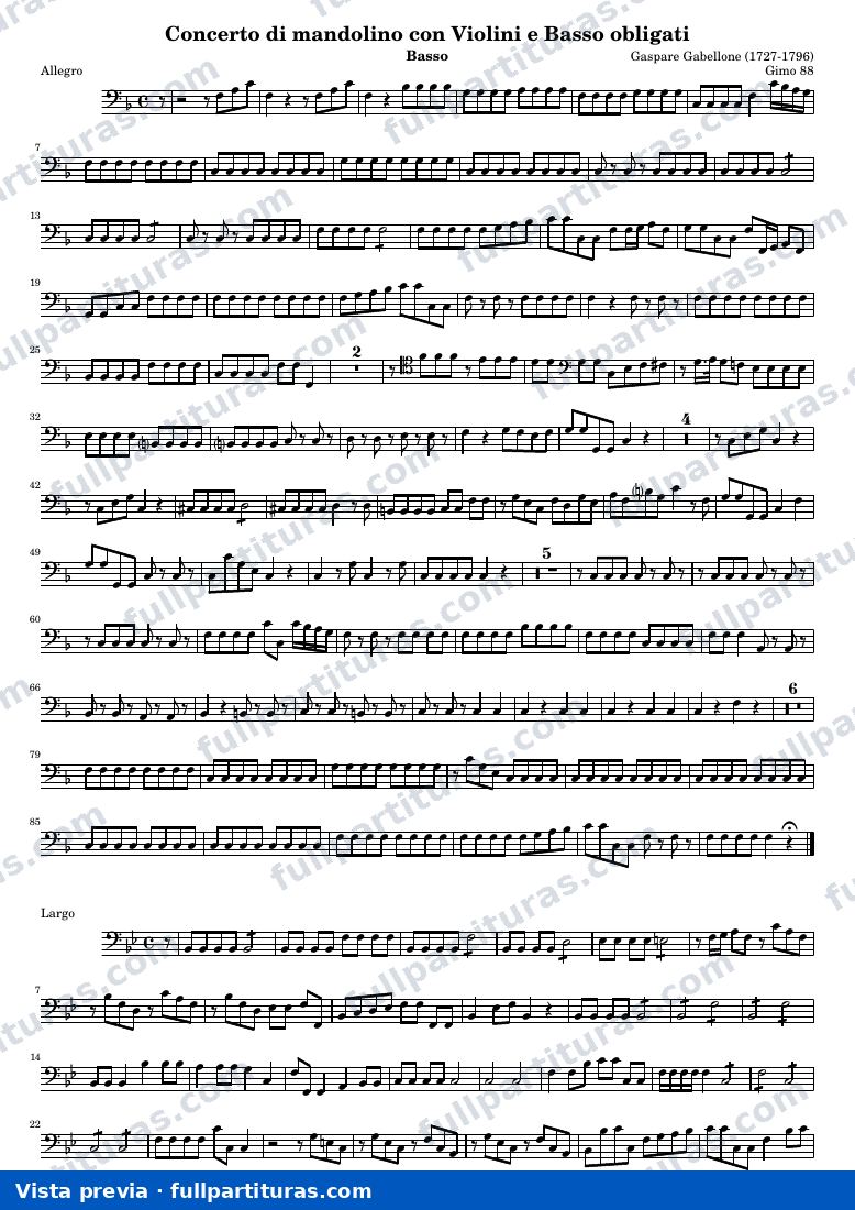 Concerto di mandolino con Violini e Basso obligati (Gimo 88) — Basso — vista previa