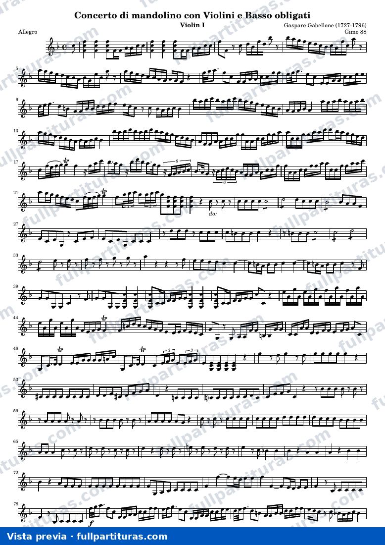 Concerto di mandolino con Violini e Basso obligati (Gimo 88) — Vln1 — vista previa