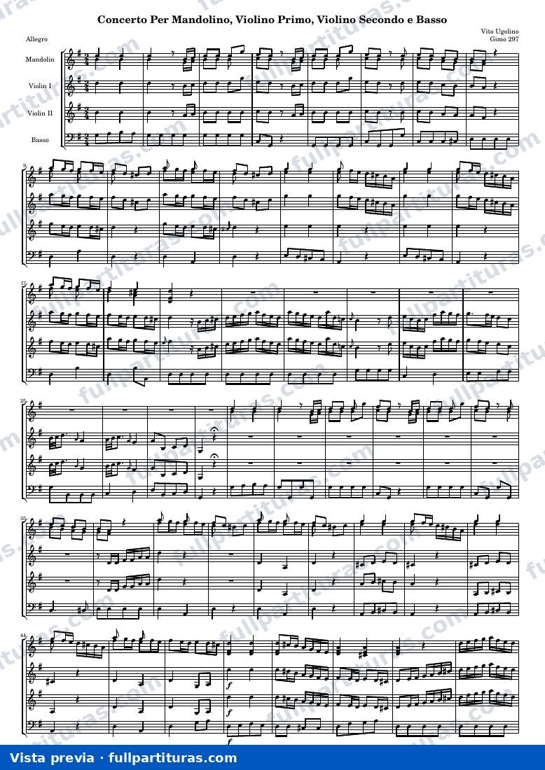 Concerto Per Mandolino, Violino Primo, Violino Secondo e Basso (Gimo 297) — Score — предварительный просмотр