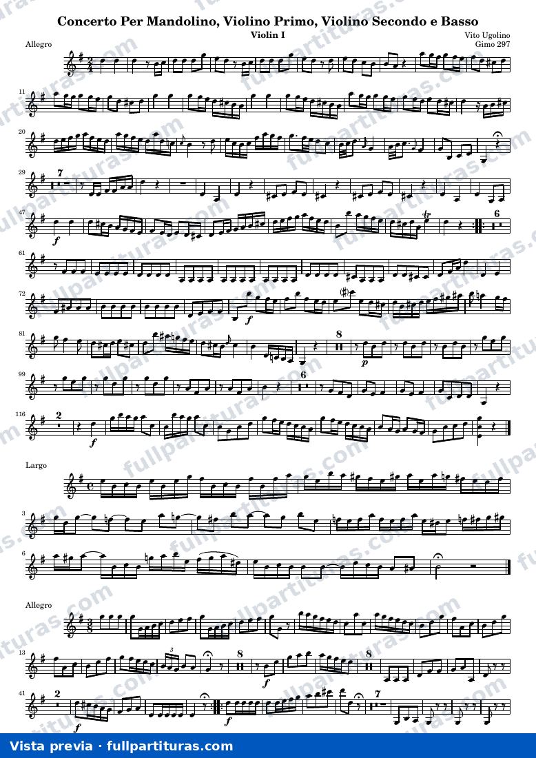 Concerto Per Mandolino, Violino Primo, Violino Secondo e Basso (Gimo 297) — Vln1 — visualização