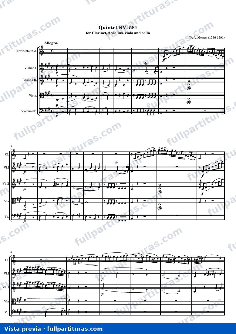 Clarinet Quintet KV. 581 — K581 score — anteprima