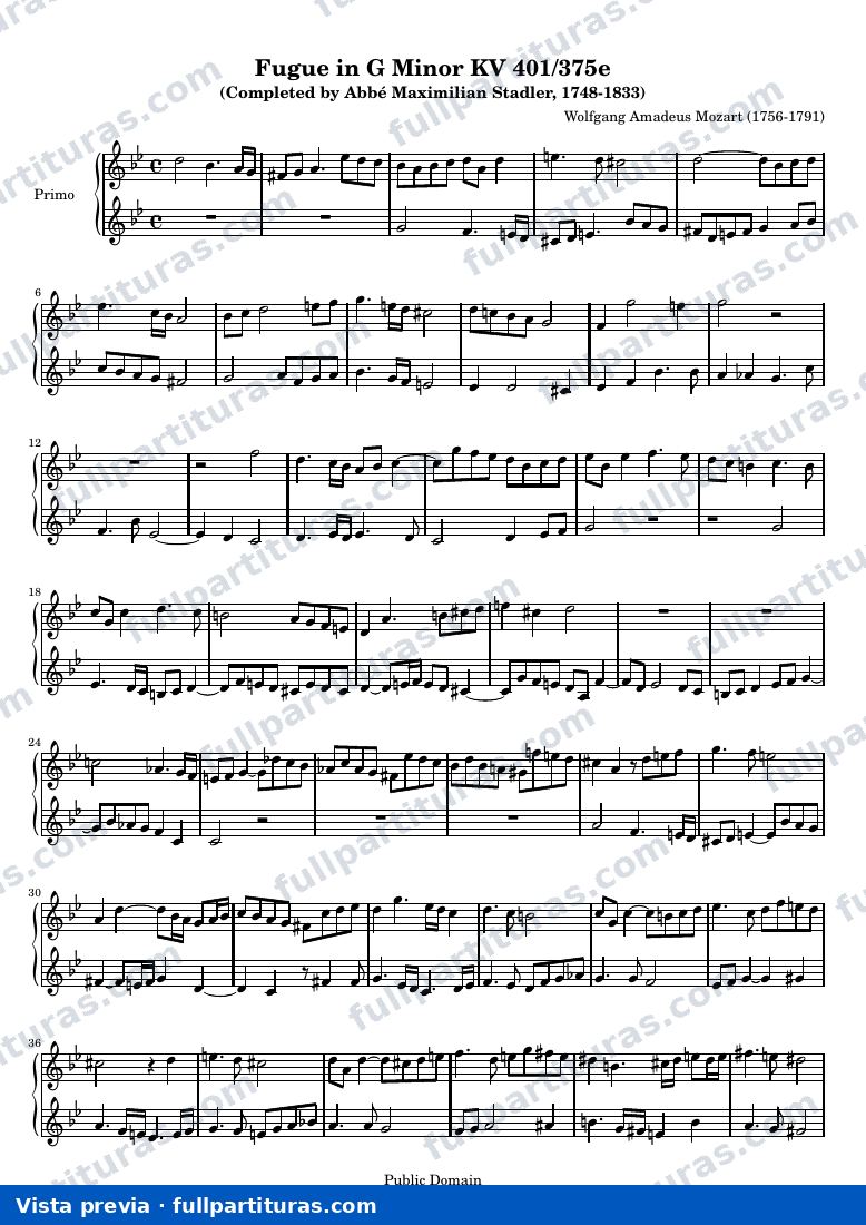 Fugue in G Minor KV 401/375e — K401 four hands1 — vista previa