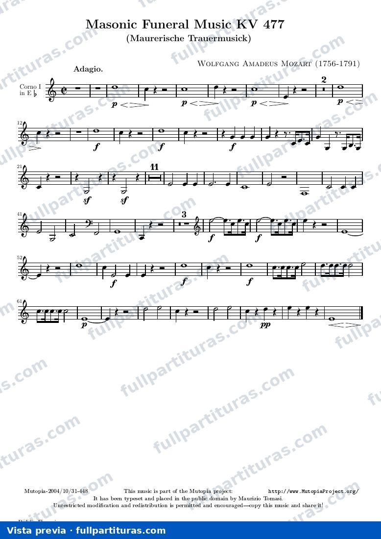 Masonic Funeral Music KV 477 — K477 horn1 — vista previa