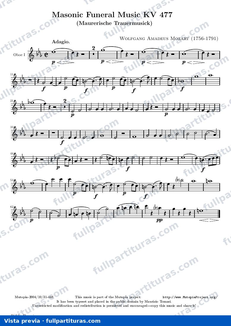 Masonic Funeral Music KV 477 — K477 oboe1 — vista previa