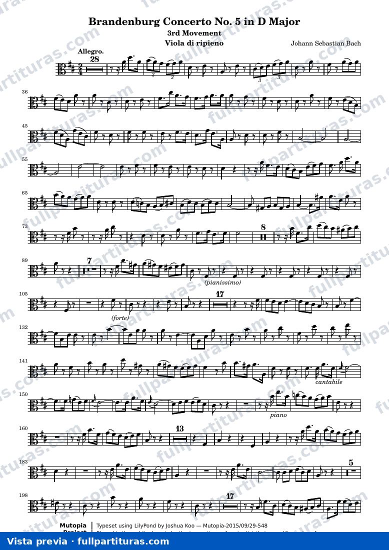 Brandenburg Concerto No. 5 (3rd Movement: Allegro) — Viola score — vista previa