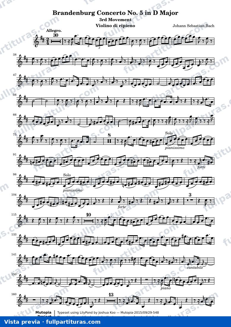 Brandenburg Concerto No. 5 (3rd Movement: Allegro) — Violin score — visualização