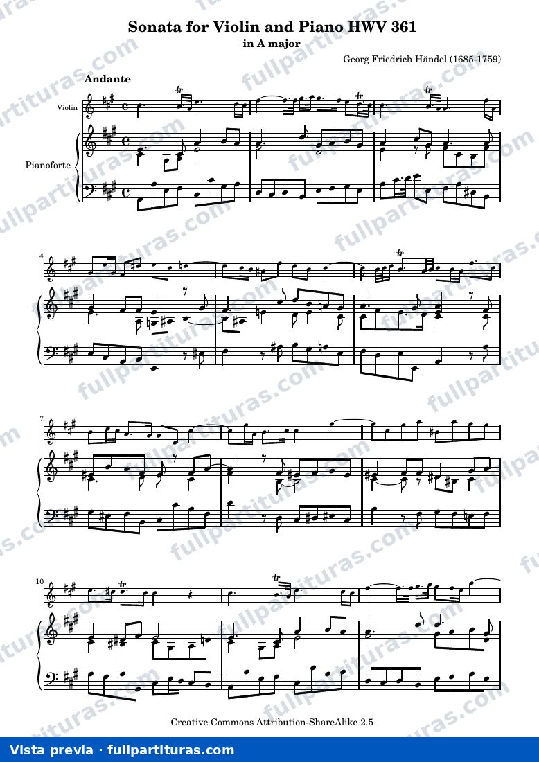Sonata for Violin and Piano HWV 361 — HWV361 score — aperçu