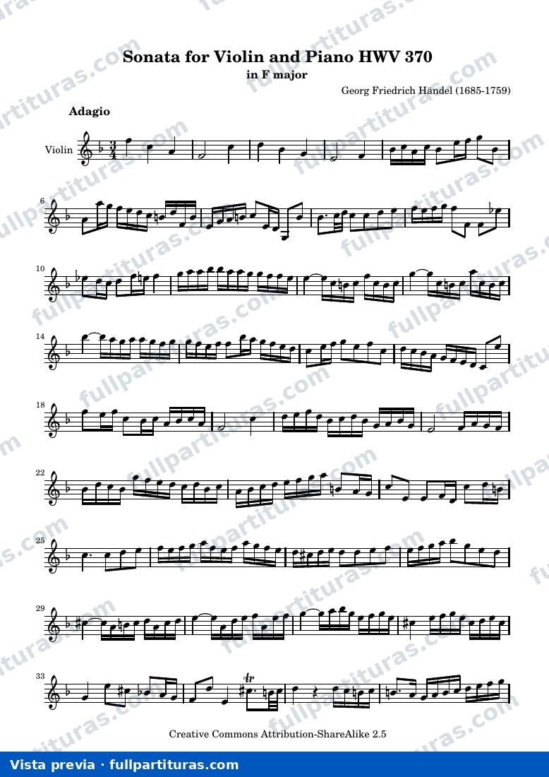 Sonata for Violin and Piano HWV 370 — HWV370 violin — preview