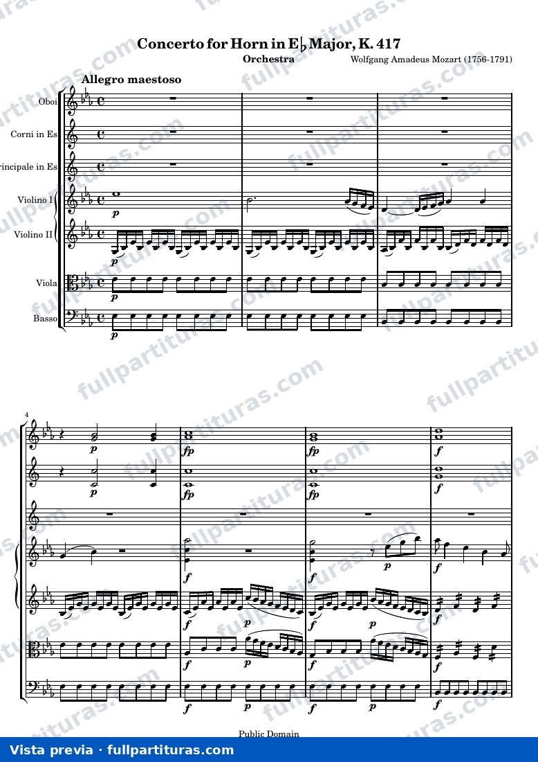 Mozart Horn Concerto No. 2 — ScoreMvtI — vista previa