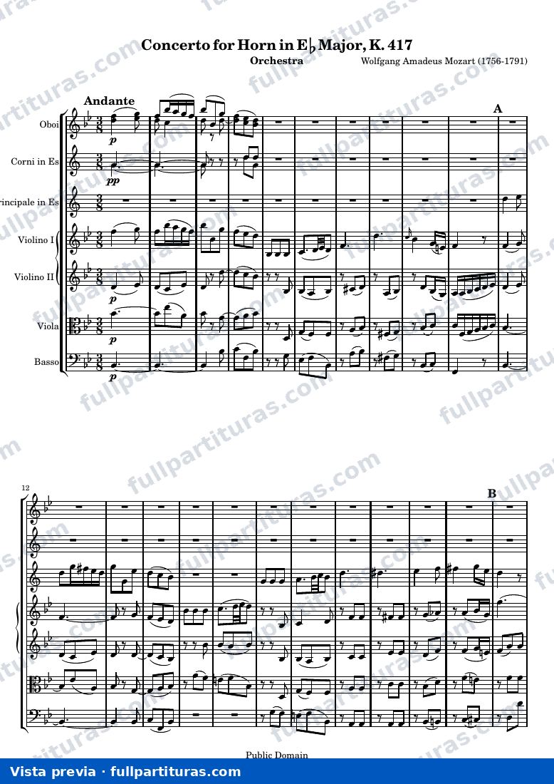 Mozart Horn Concerto No. 2 — ScoreMvtII — vista previa