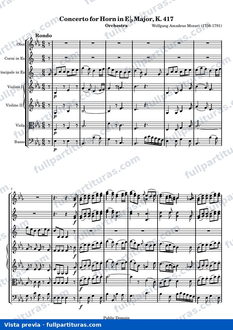 Mozart Horn Concerto No. 2 — ScoreMvtIII — vista previa