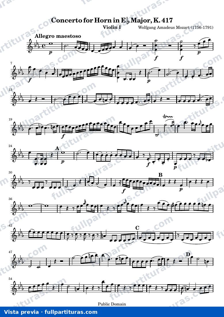 Mozart Horn Concerto No. 2 — ViolinI — vista previa