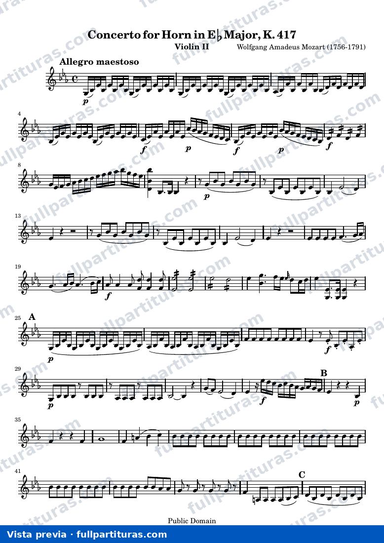 Mozart Horn Concerto No. 2 — ViolinII — vista previa