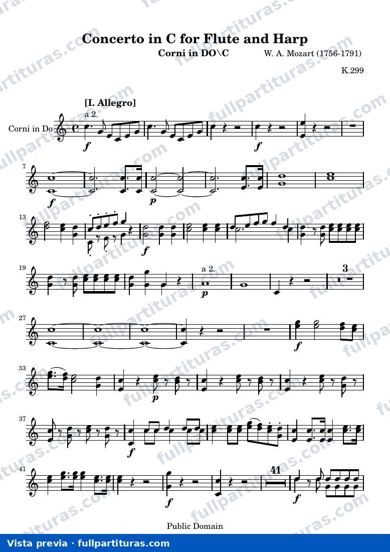 Concerto in C for Flute and Harp — Corni — vista previa
