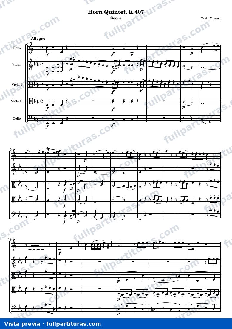 Horn Quintet, K.407 — Score — anteprima