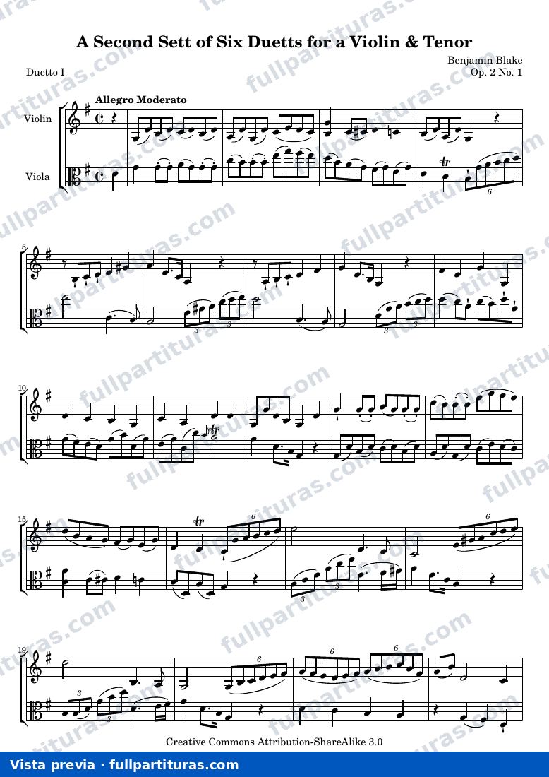 A Second Sett of Six Duetts for a Violin & Tenor: No. 1 — Bb 2 1 score — aperçu