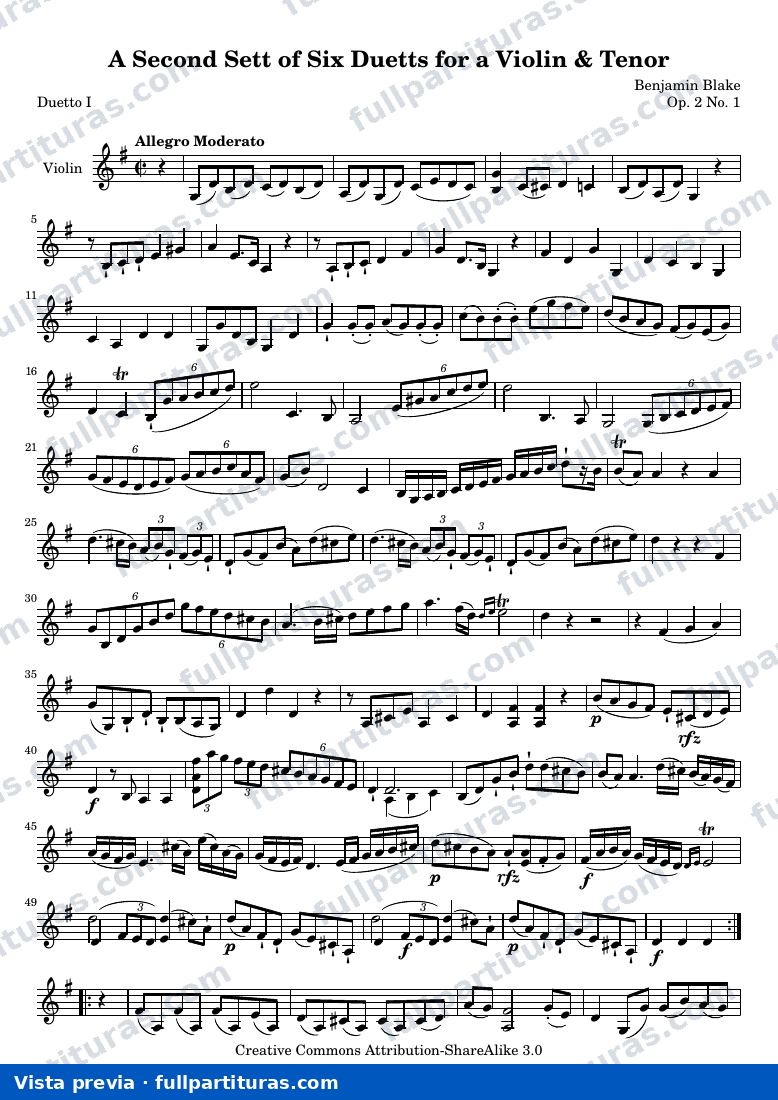 A Second Sett of Six Duetts for a Violin & Tenor: No. 1 — Bb 2 1 vn — preview