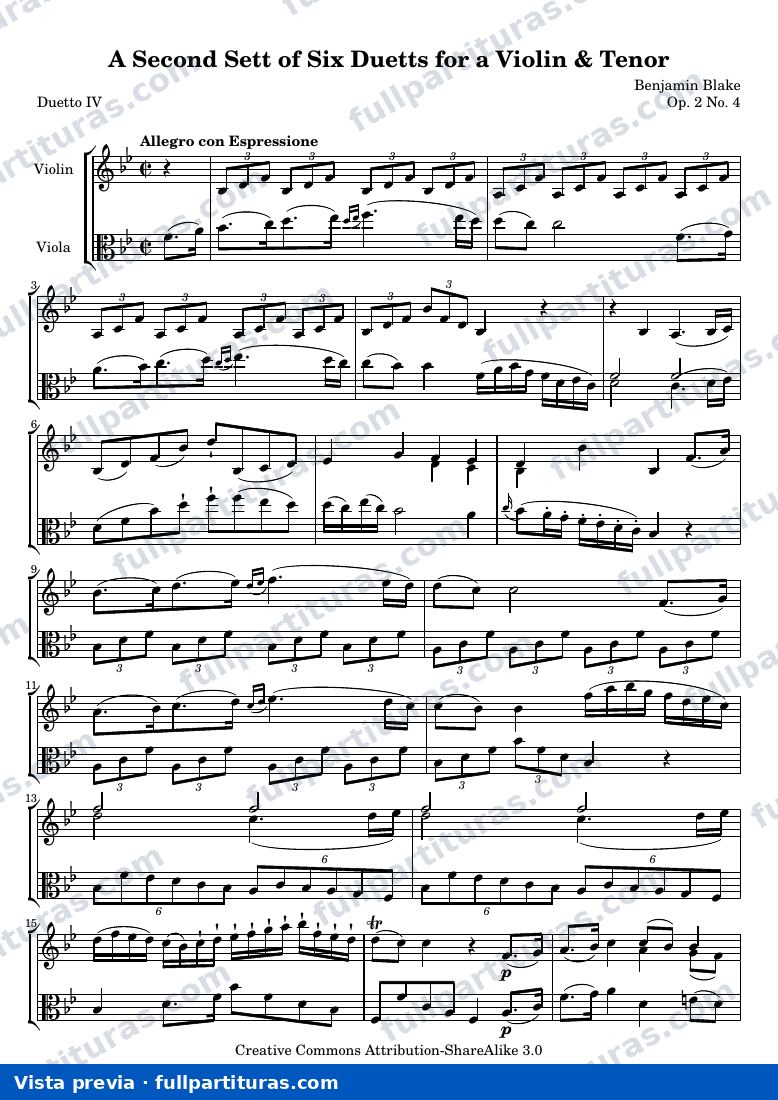 A Second Sett of Six Duetts for a Violin & Tenor: No. 4 — Bb 2 4 score — aperçu