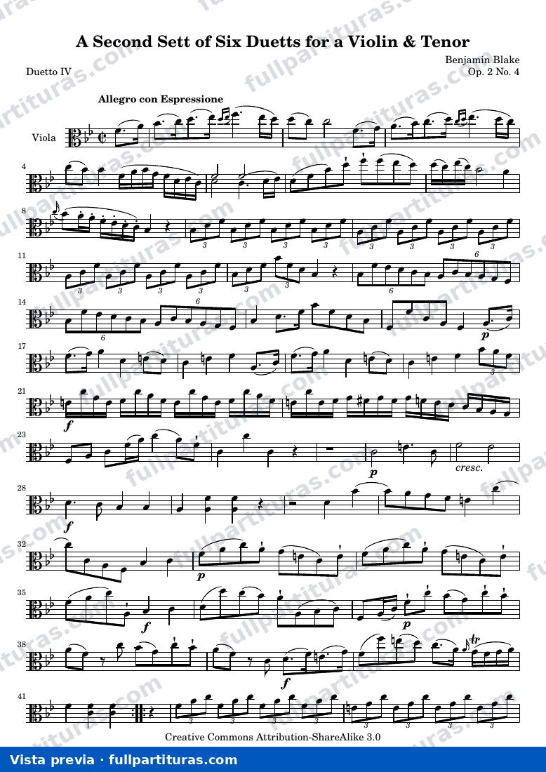 A Second Sett of Six Duetts for a Violin & Tenor: No. 4 — Bb 2 4 vla — aperçu