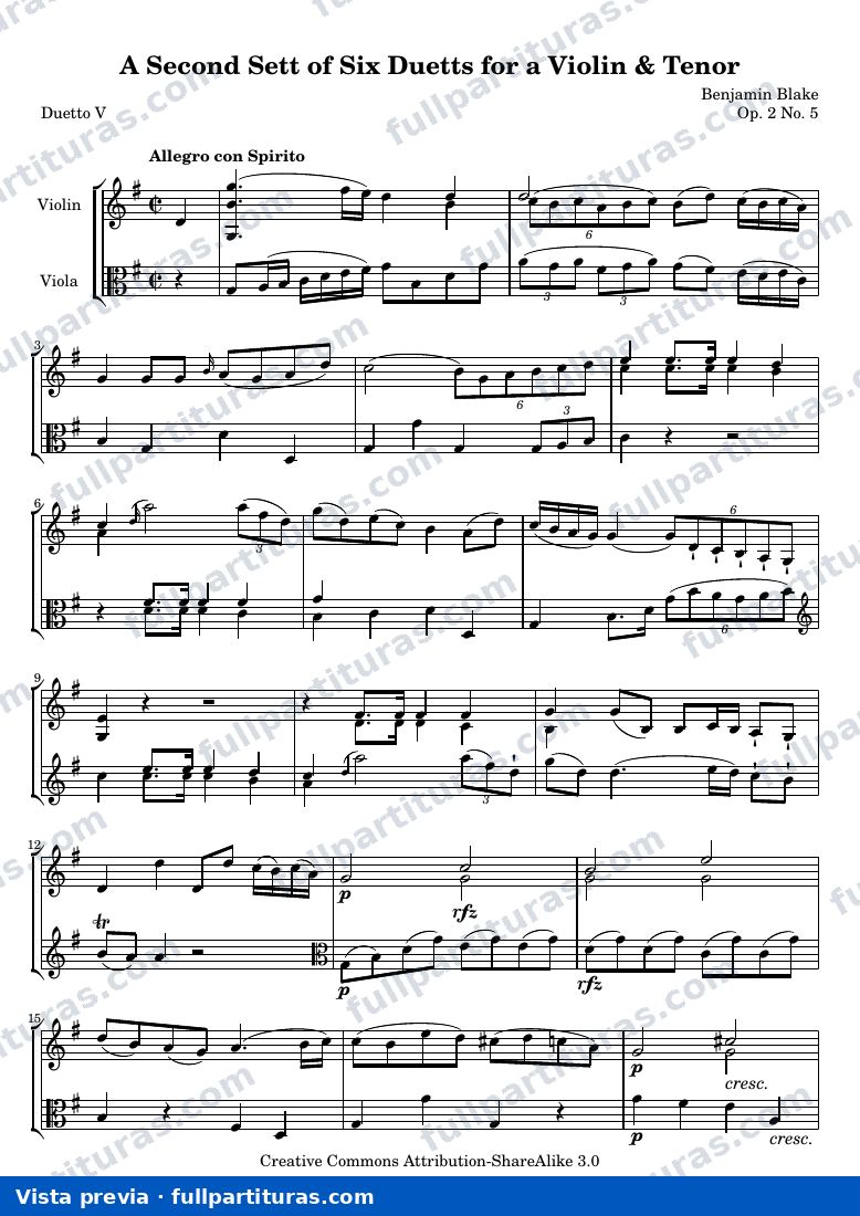 A Second Sett of Six Duetts for a Violin & Tenor: No. 5 — Bb 2 5 score — aperçu