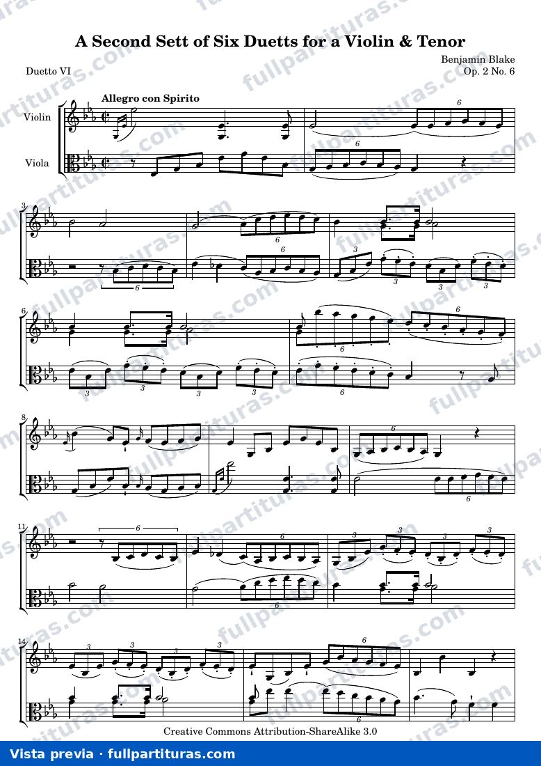 A Second Sett of Six Duetts for a Violin & Tenor: No. 6 — Bb 2 6 score — aperçu