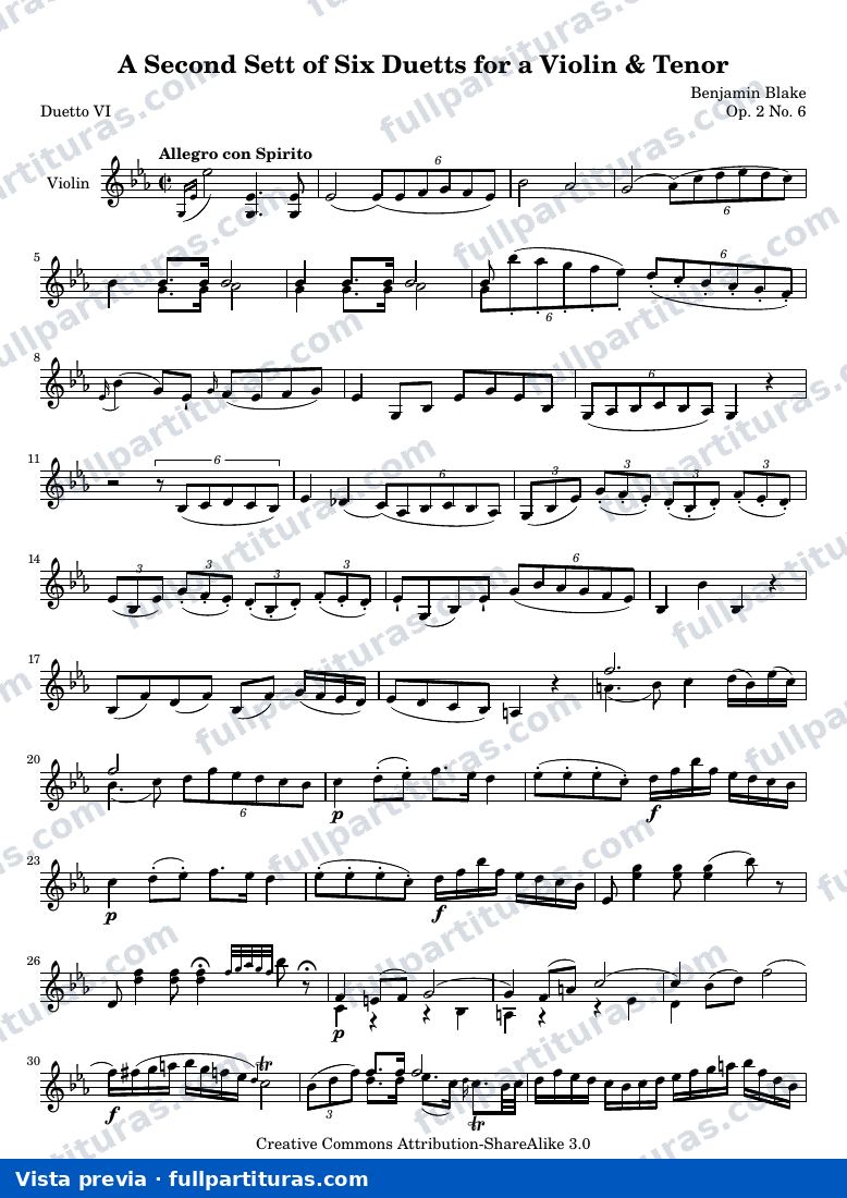 A Second Sett of Six Duetts for a Violin & Tenor: No. 6 — Bb 2 6 vn — aperçu