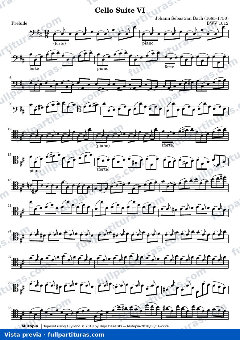 Cello Suite VI - BWV 1012 (Transposed) — vista previa