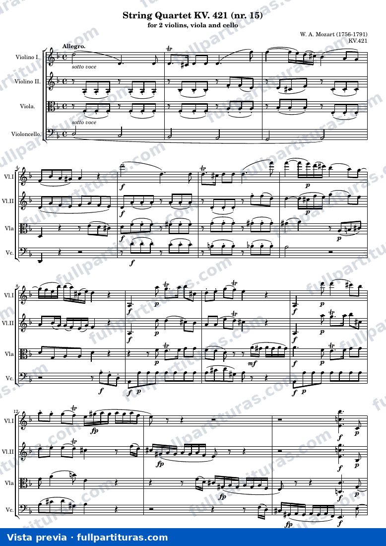 String Quartet KV. 421 (nr. 15) — K421 score — vista previa